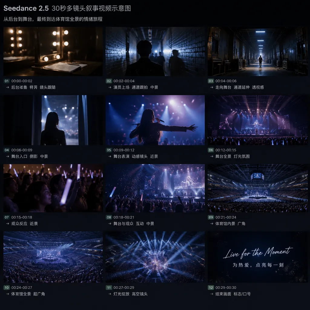 Seedance 2.5生成的30秒多镜头叙事视频示意图,展示后台、通道、舞台与体育馆全景的连续转换