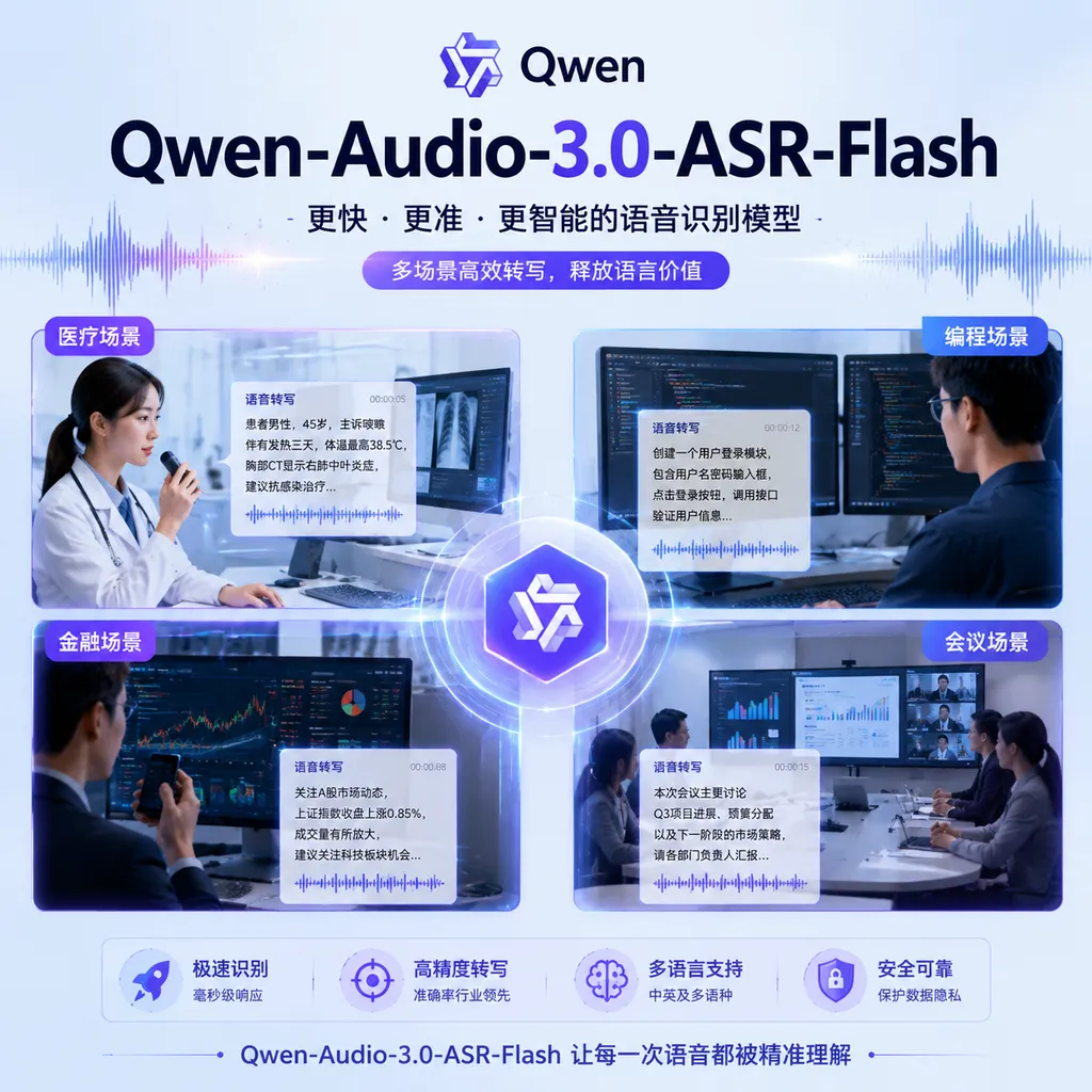 Qwen-Audio-3.0-ASR-Flash 发布海报,画面展示医疗、编程、金融和会议转写场景