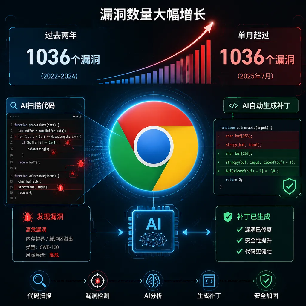Chrome浏览器图标与AI扫描代码、自动生成补丁的概念图,背景展示漏洞数量从两年1036个跃升至单月超过1036个