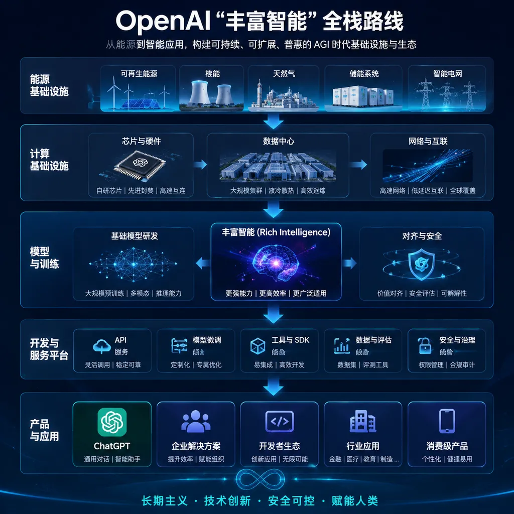 OpenAI“丰富智能”全栈路线示意图,展示能源、芯片、数据中心、模型、开发平台和ChatGPT等产品之间的协同关系