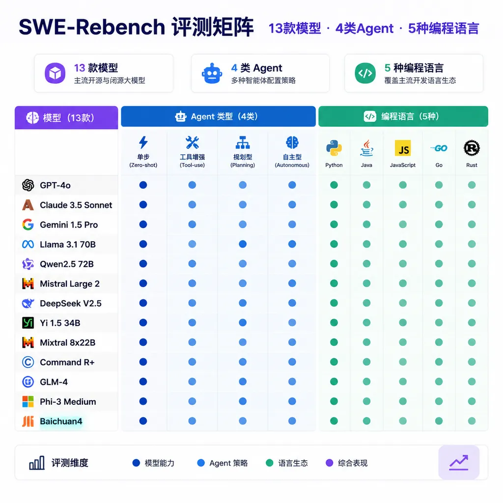 SWE-Rebench页面中的13款模型、4类Agent与五种编程语言评测矩阵