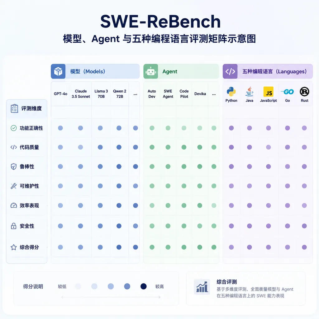 Diagram of SWE-ReBench's evaluation matrix of models, Agents, and five programming languages