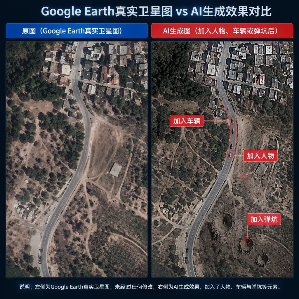 Google Earth真实卫星底图与AI加入人物、车辆或弹坑后的对比示意图,左右分栏并明确标注原图和AI生成图