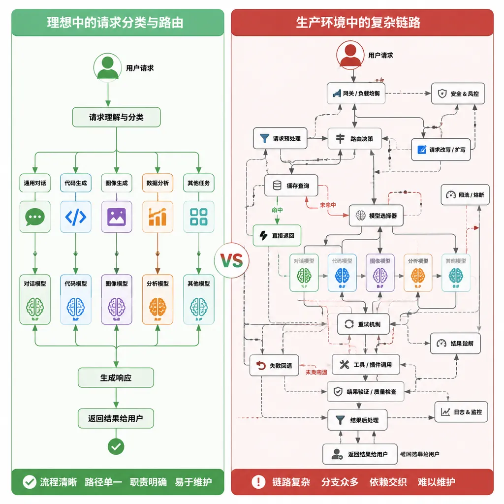 A comparison diagram: on the left, requests are ideally classified and routed to different models; on the right, routing, retries, caching, tool calls, and fallbacks become entangled in a complex production pipeline
