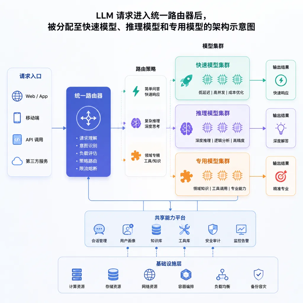 LLM 请求进入统一路由器后,被分配至快速模型、推理模型和专用模型的架构示意图