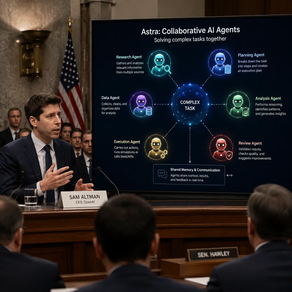 Altman demonstrates the Astra collaborative-agent concept on Capitol Hill, with multiple AI agents dividing responsibilities and collaborating on the same complex task