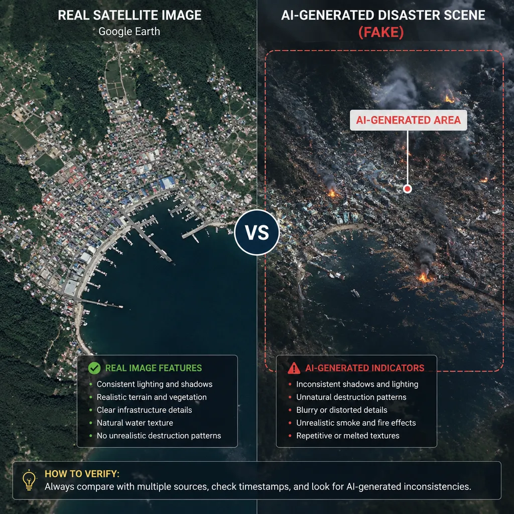 Illustrative comparison between Google Earth's real satellite basemap and an AI-generated fake disaster scene, with the AI-generated area labeled