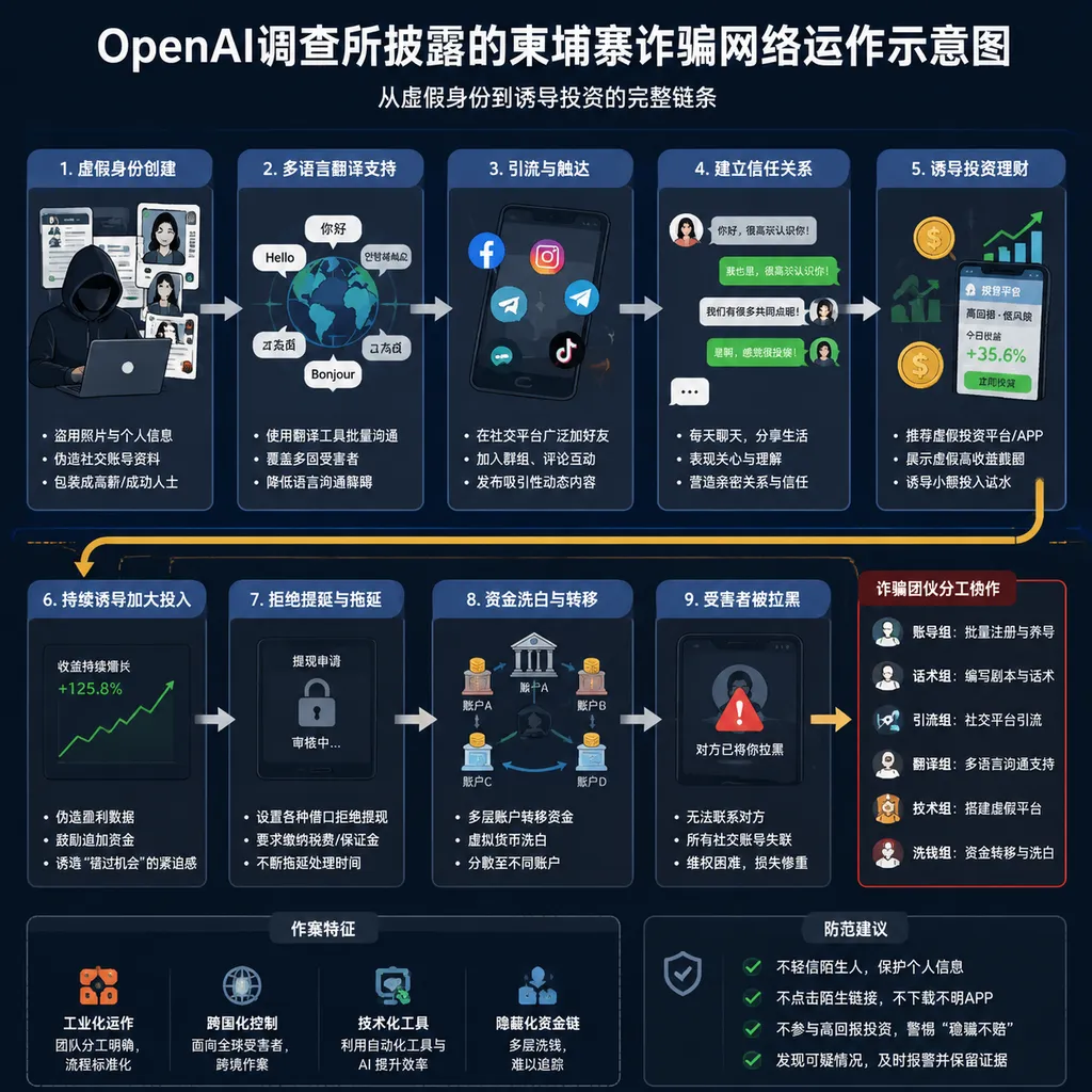 OpenAI调查所披露的柬埔寨诈骗网络运作示意图,展示虚假身份、翻译、引流、建立信任和诱导投资等环节