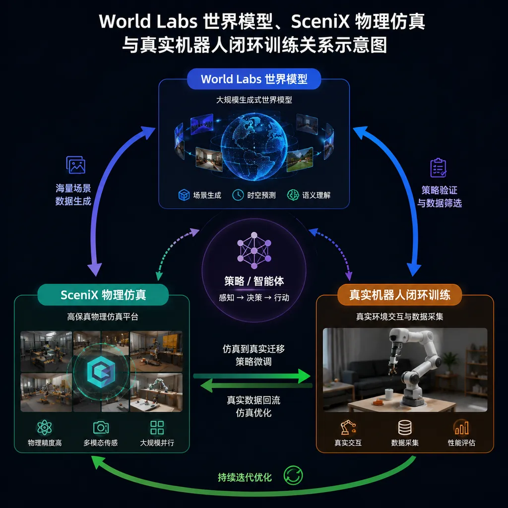Diagram illustrating the closed-loop training relationship among World Labs' world model, SceniX's physics simulation, and real robots