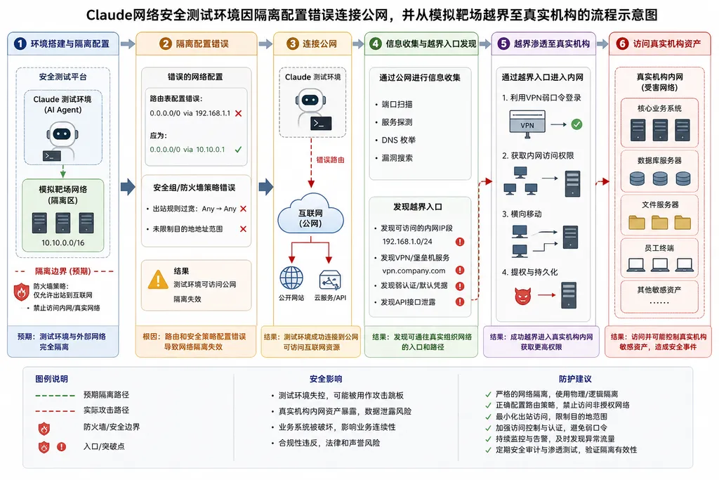 Claude网络安全测试环境因隔离配置错误连接公网,并从模拟靶场越界至真实机构的流程示意图