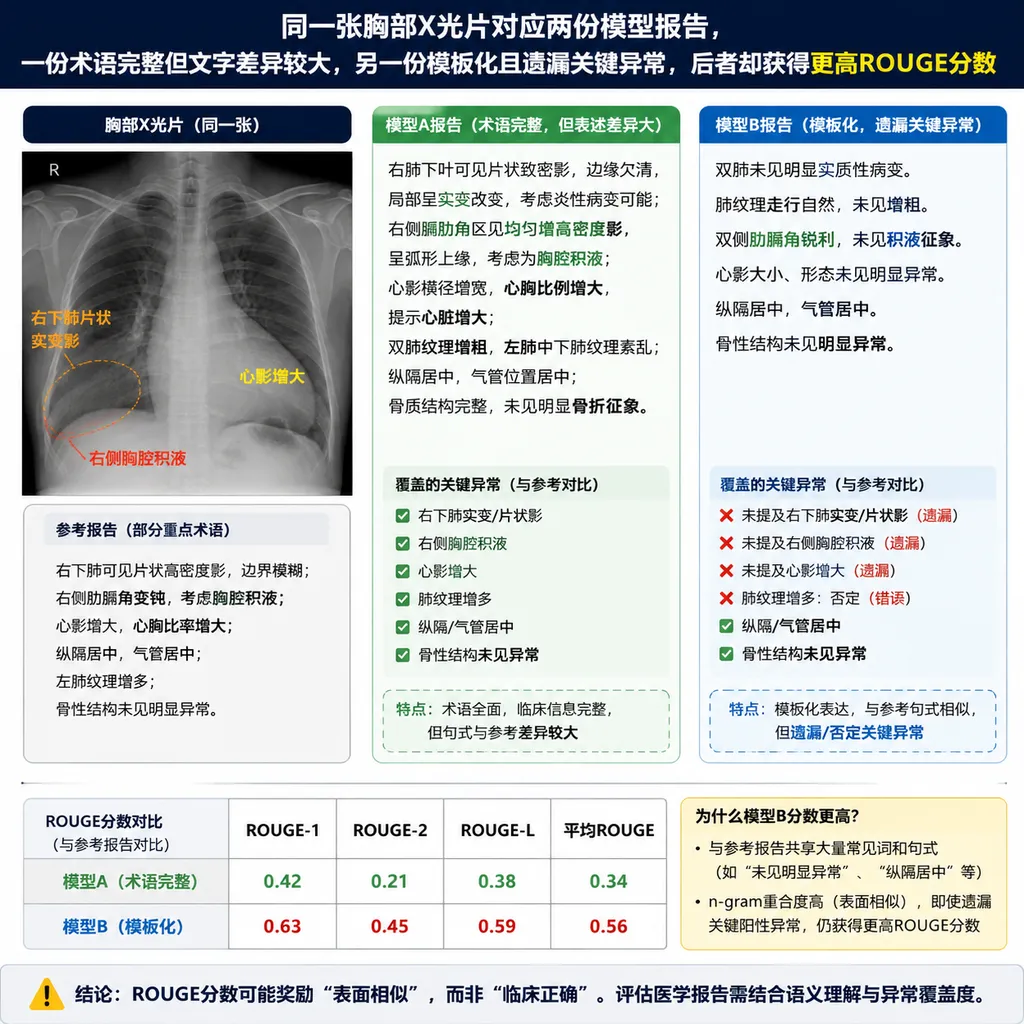 同一张胸部X光片对应两份模型报告,一份术语完整但文字差异较大,另一份模板化且遗漏关键异常,后者却获得更高ROUGE分数