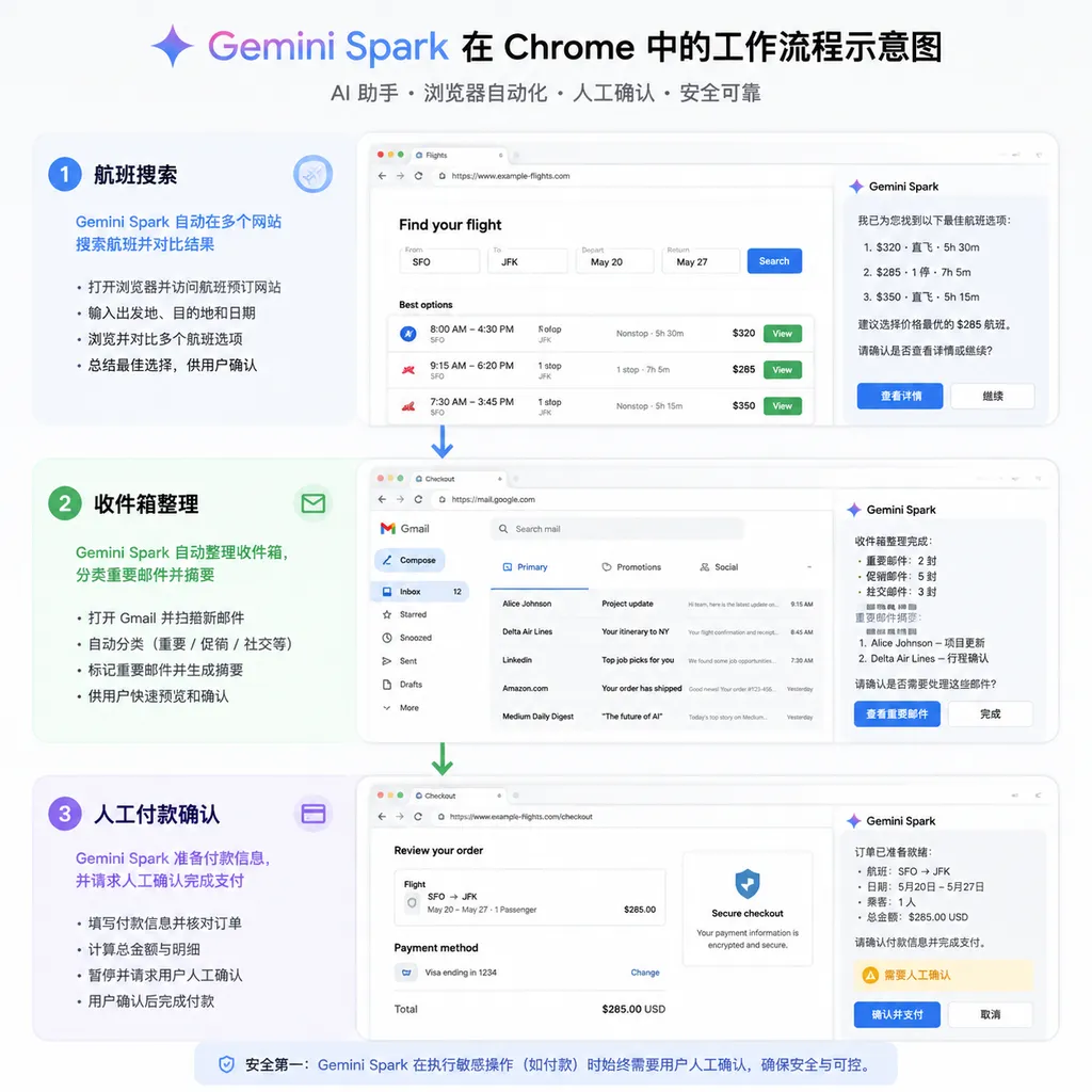 Gemini Spark在Chrome中执行航班搜索、收件箱整理和人工付款确认的流程示意图