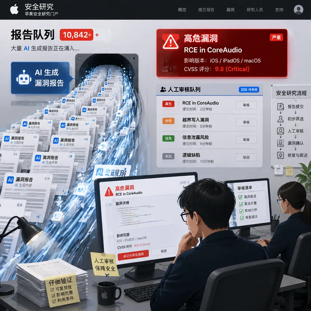 苹果安全研究门户被大量 AI 生成漏洞报告涌入的示意图,画面包含报告队列、人工审核和红色高危漏洞标记