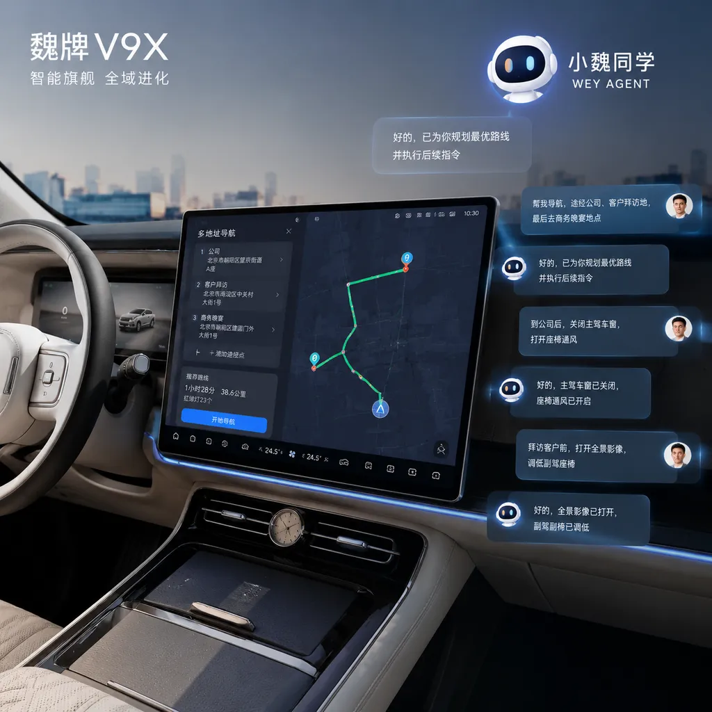 魏牌V9X座舱与小魏同学Agent交互界面,画面展示多地址导航和连续车控指令