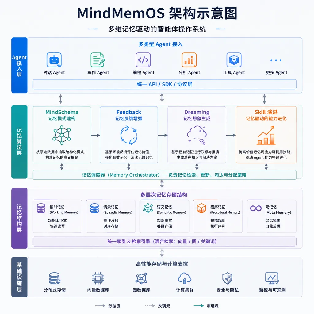 MindMemOS架构示意图,展示Agent接入层、记忆算法层、记忆结构层,以及MindSchema、Feedback、Dreaming和Skill演进流程