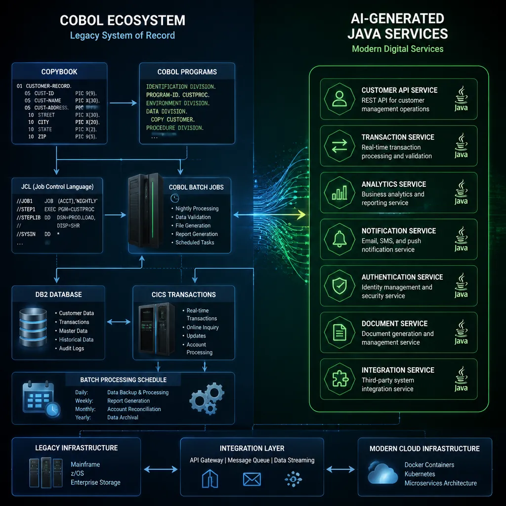 COBOL programs connected through COPYBOOKs, JCL, DB2, CICS, and batch jobs to form a dependency network, with an AI-generated Java service on the right