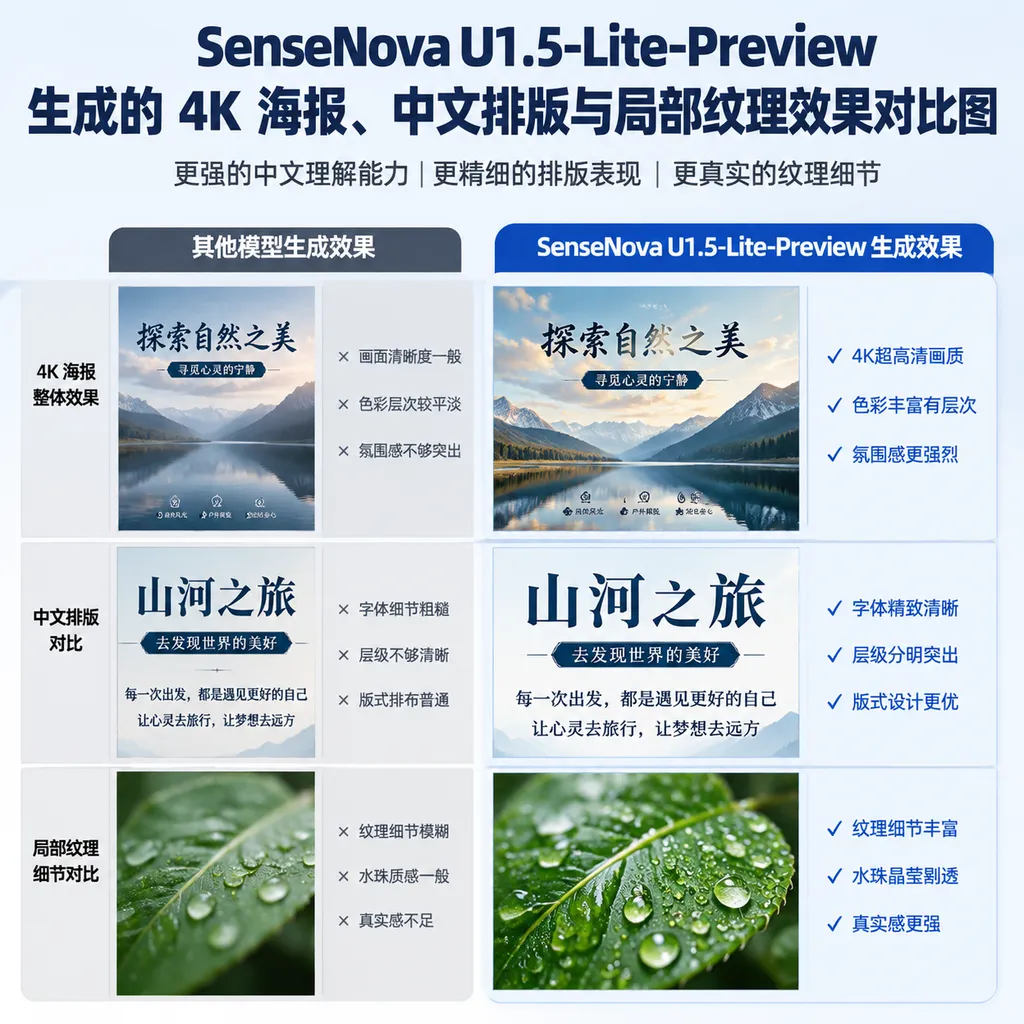 SenseNova U1.5-Lite-Preview 生成的 4K 海报、中文排版与局部纹理效果对比图