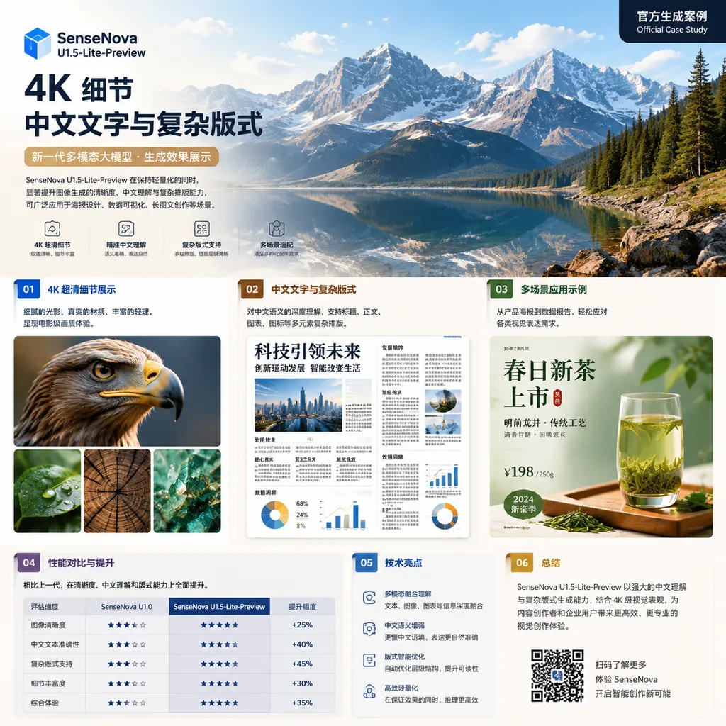 Official image generated by SenseNova U1.5-Lite-Preview, highlighting 4K detail, Chinese text, and complex layouts