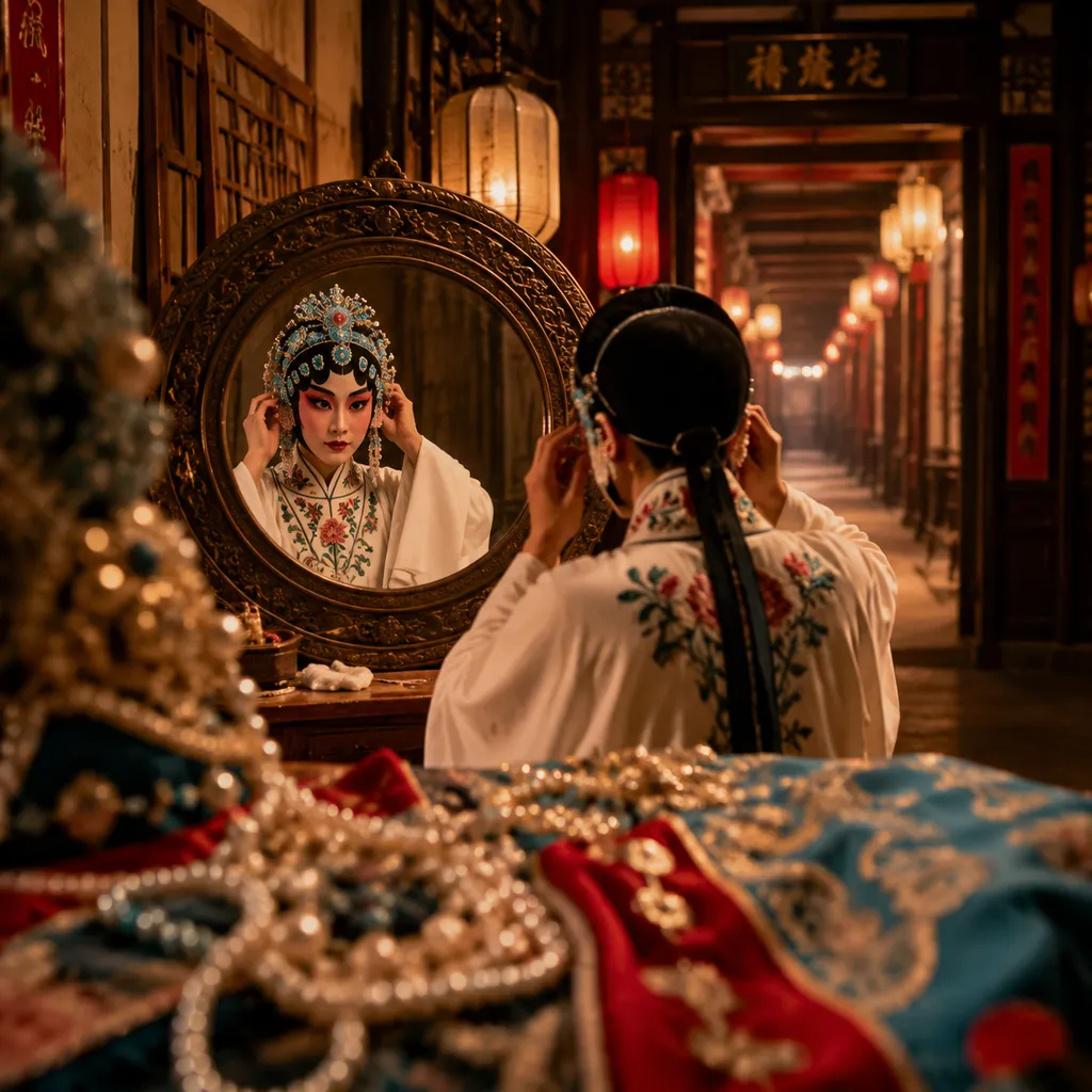 可灵3.0生成的戏子镜前准备画面,前景为珠串和戏服,中景为人物与铜镜,远景为暖光走廊