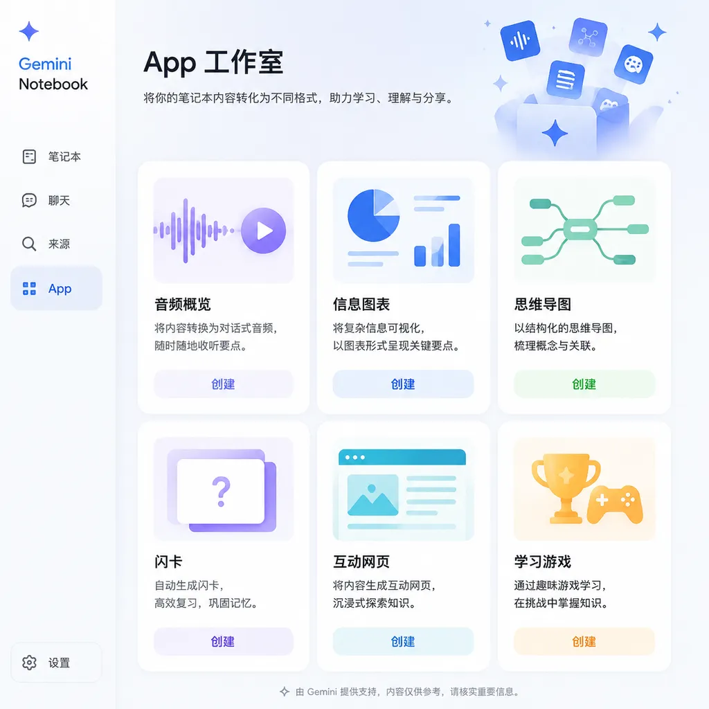 Gemini Notebook 工作室中的 App 菜单概念图,展示音频概览、信息图表、思维导图、闪卡、互动网页和学习游戏入口