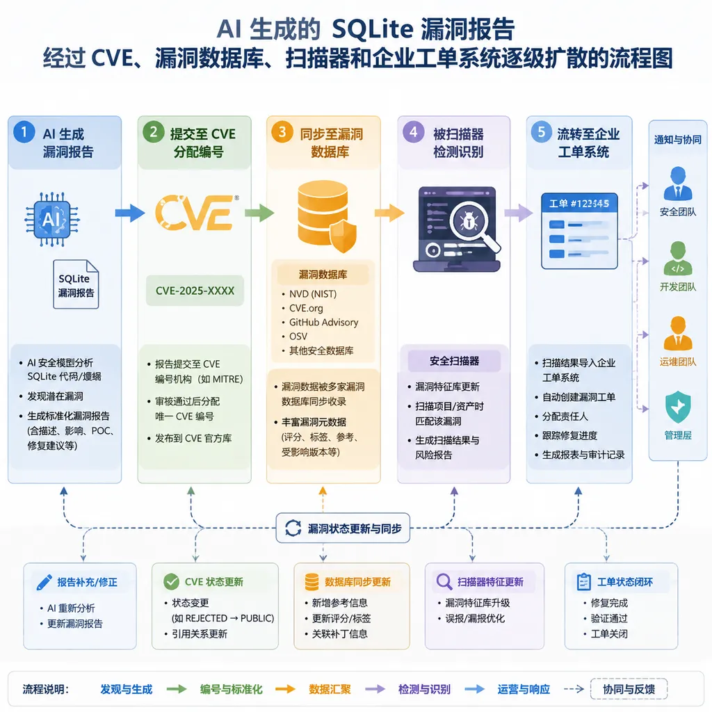 Flowchart showing how an AI-generated SQLite vulnerability report propagates through CVE, vulnerability databases, scanners, and enterprise ticketing systems