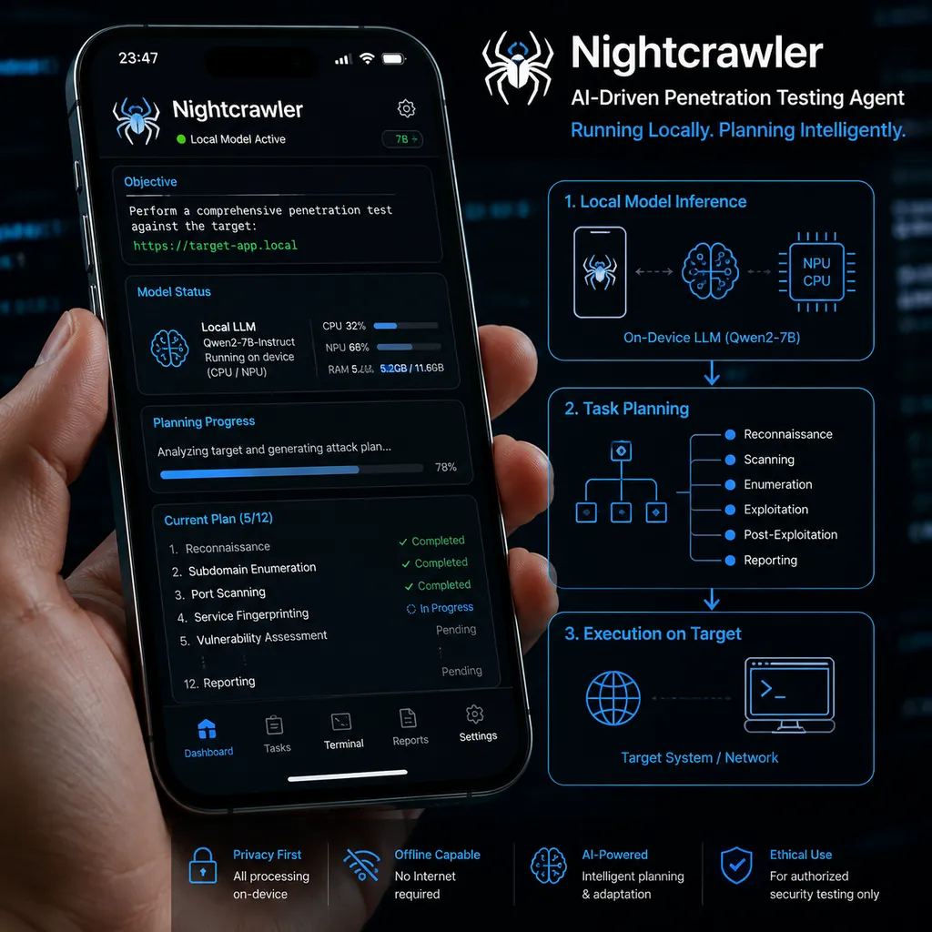 Illustration of Nightcrawler running in a smartphone terminal, with a local model planning penetration-testing tasks