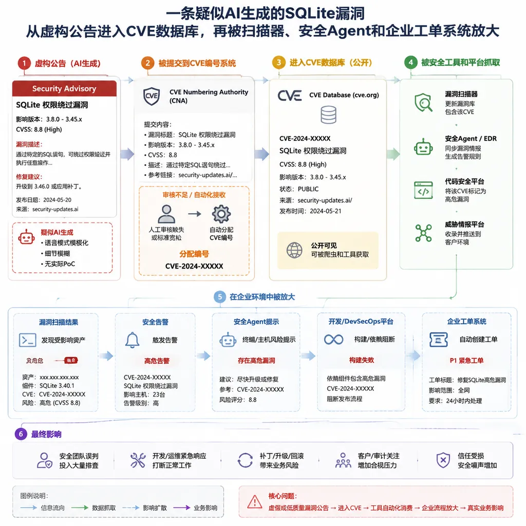 一条疑似AI生成的SQLite漏洞从虚构公告进入CVE数据库,再被扫描器、安全Agent和企业工单系统放大的流程图