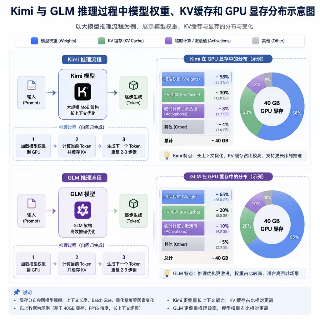 Illustration of model weights, KV cache, and GPU memory distribution during Kimi and GLM inference