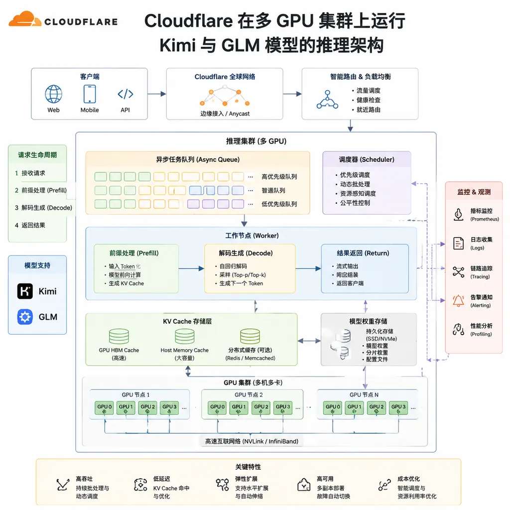 Cloudflare在多GPU集群上运行Kimi与GLM模型的推理架构示意图,展示前缀处理、解码、缓存与异步任务队列