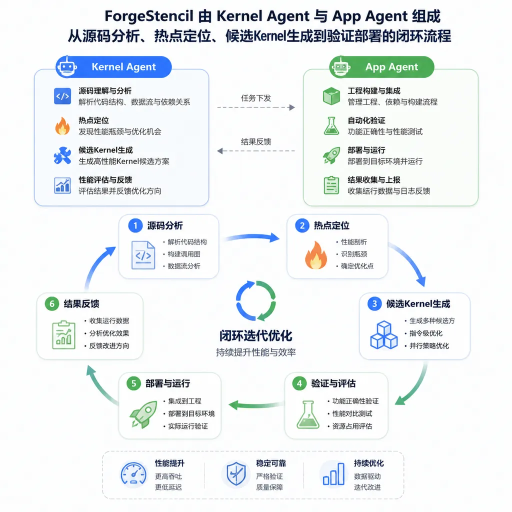 ForgeStencil由Kernel Agent与App Agent组成,从源码分析、热点定位、候选Kernel生成到验证部署的闭环流程图