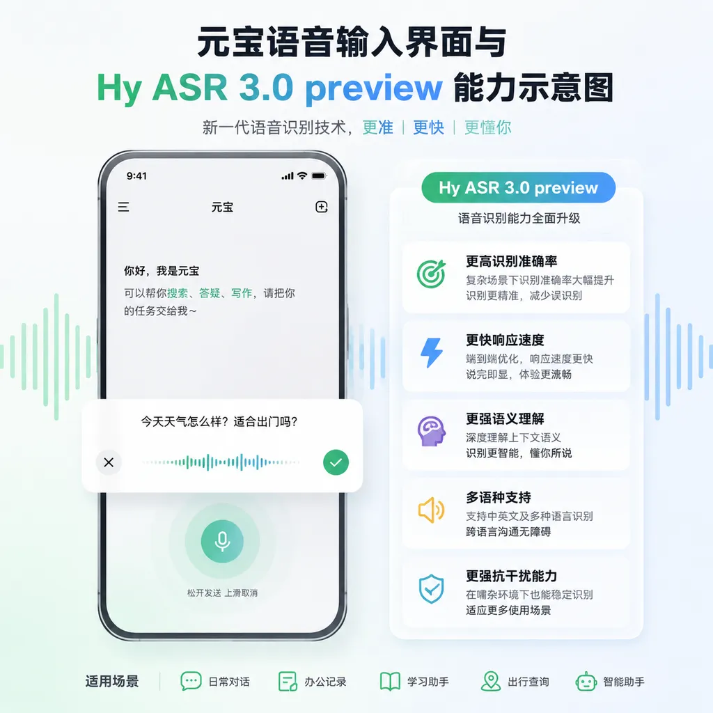 元宝语音输入界面与 Hy ASR 3.0 preview 能力示意图