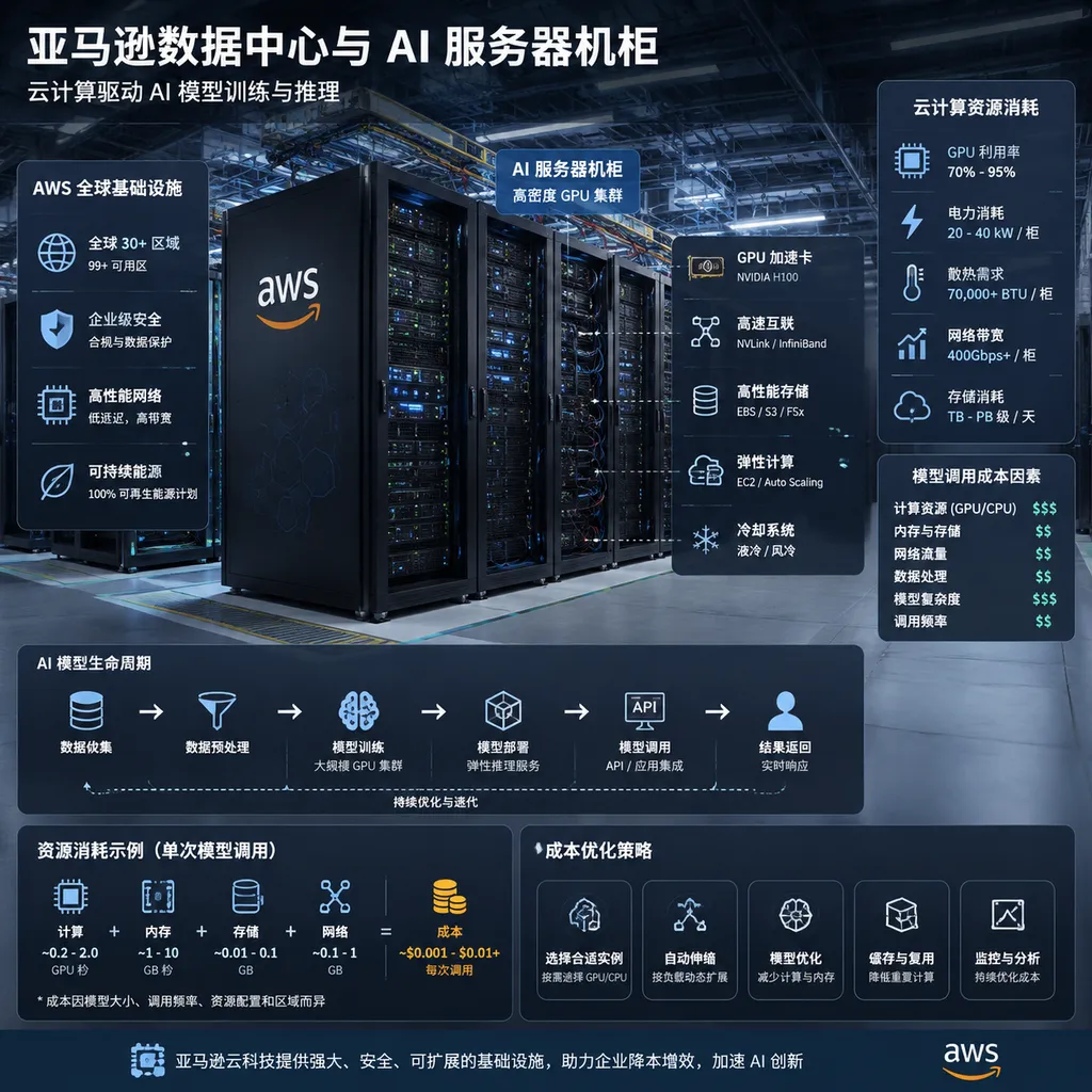 Illustration of an Amazon data center and AI server racks, highlighting cloud resource consumption and model API costs