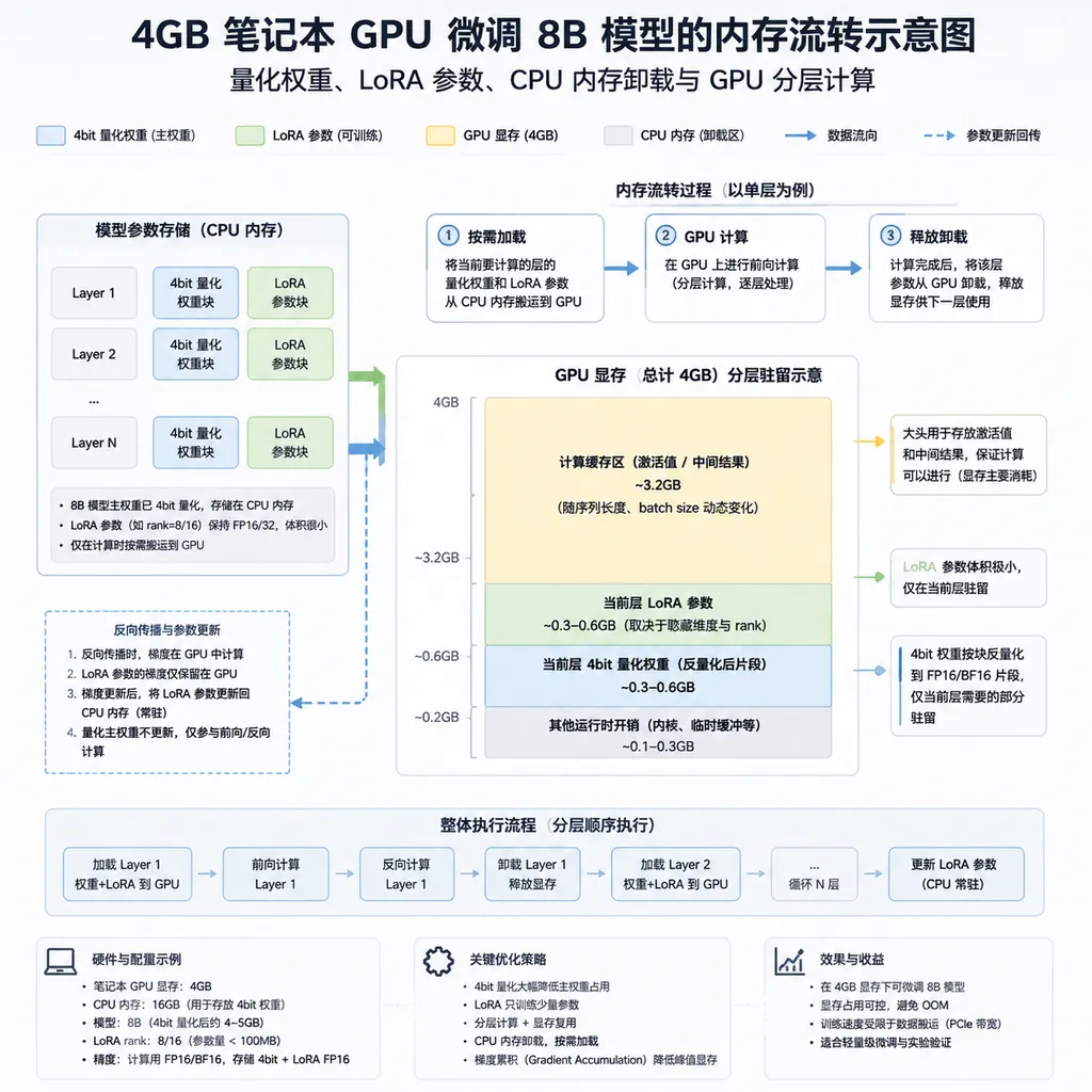 4GB 笔记本 GPU 微调 8B 模型的内存流转示意图,展示量化权重、LoRA 参数、CPU 内存卸载与 GPU 分层计算