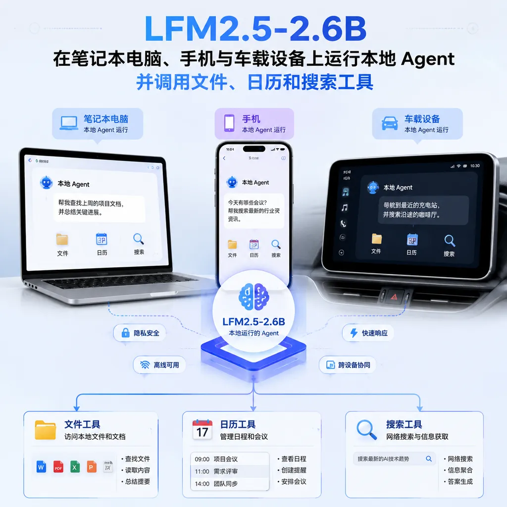 LFM2.5-2.6B 在笔记本电脑、手机与车载设备上运行本地 Agent,并调用文件、日历和搜索工具的示意图