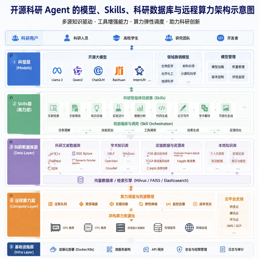 Architecture diagram of the open-source research Agent’s models, Skills, research databases, and remote computing resources