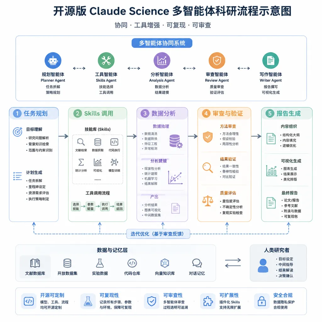 开源版 Claude Science 的多智能体科研流程示意图,包括任务规划、Skills 调用、数据分析、审查与报告生成