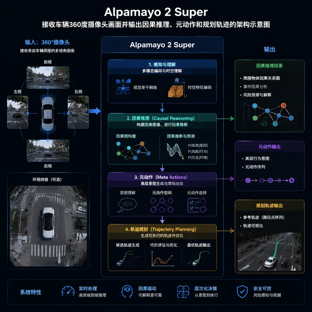 Architecture diagram showing Alpamayo 2 Super receiving 360-degree camera footage from a vehicle and outputting causal reasoning, meta-actions, and planned trajectories