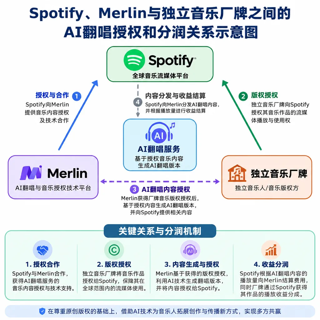 Spotify、Merlin与独立音乐厂牌之间的AI翻唱授权和分润关系示意图