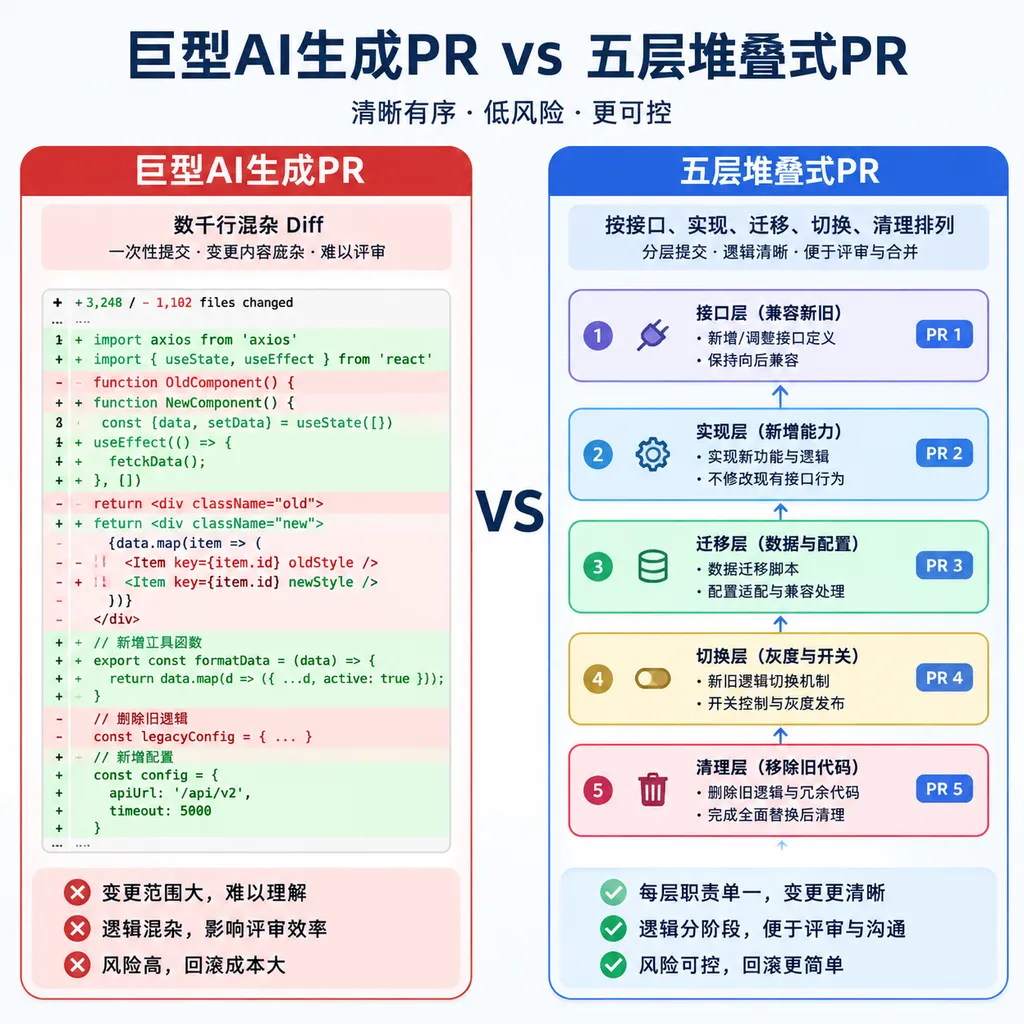 Comparison of a massive AI-generated PR and a five-layer stacked PR workflow, with a mixed diff containing thousands of lines on the left and a PR stack organized by interface, implementation, migration, switchover, and cleanup on the right