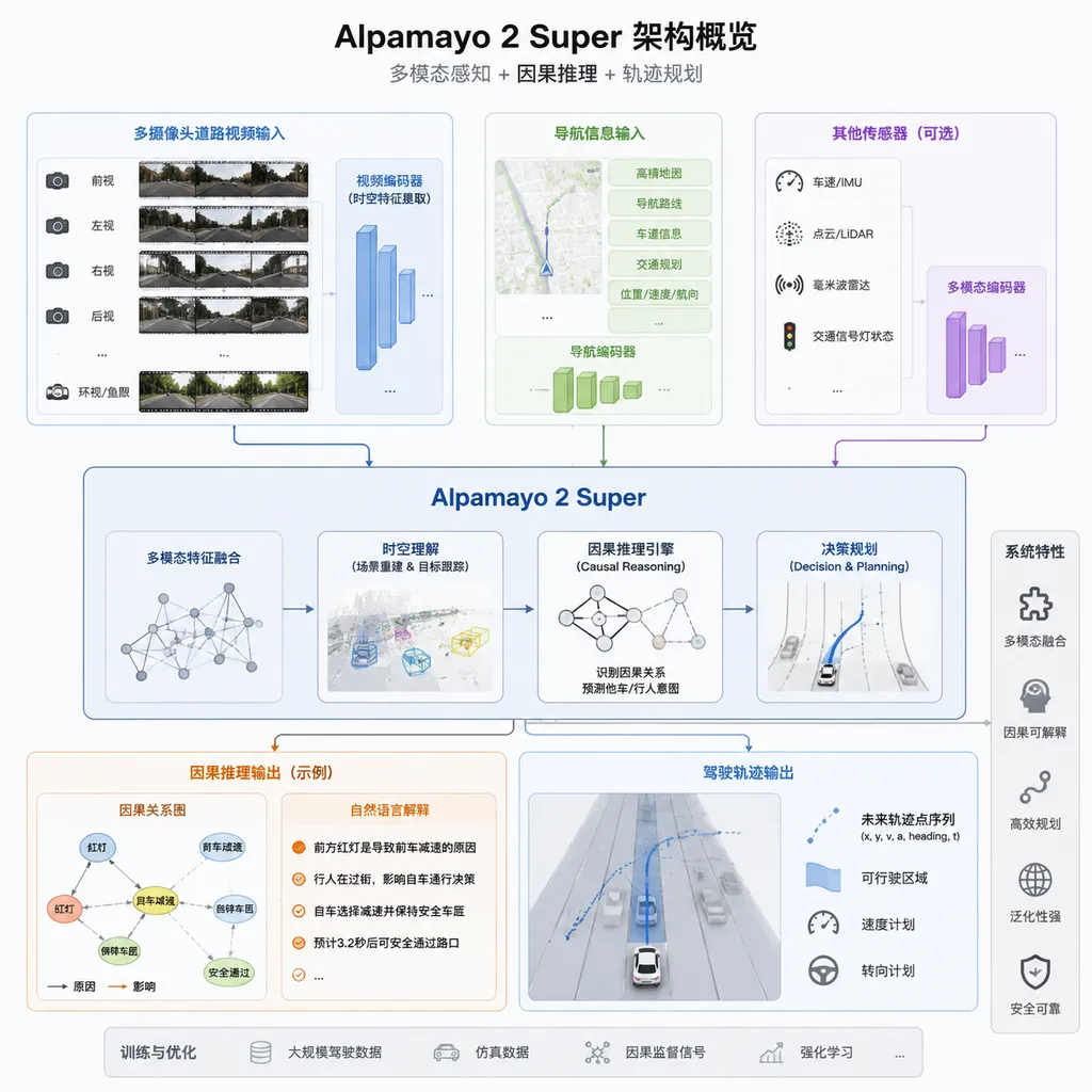 Alpamayo 2 Super 接收多摄像头道路视频、导航信息并输出因果推理和驾驶轨迹的架构示意图