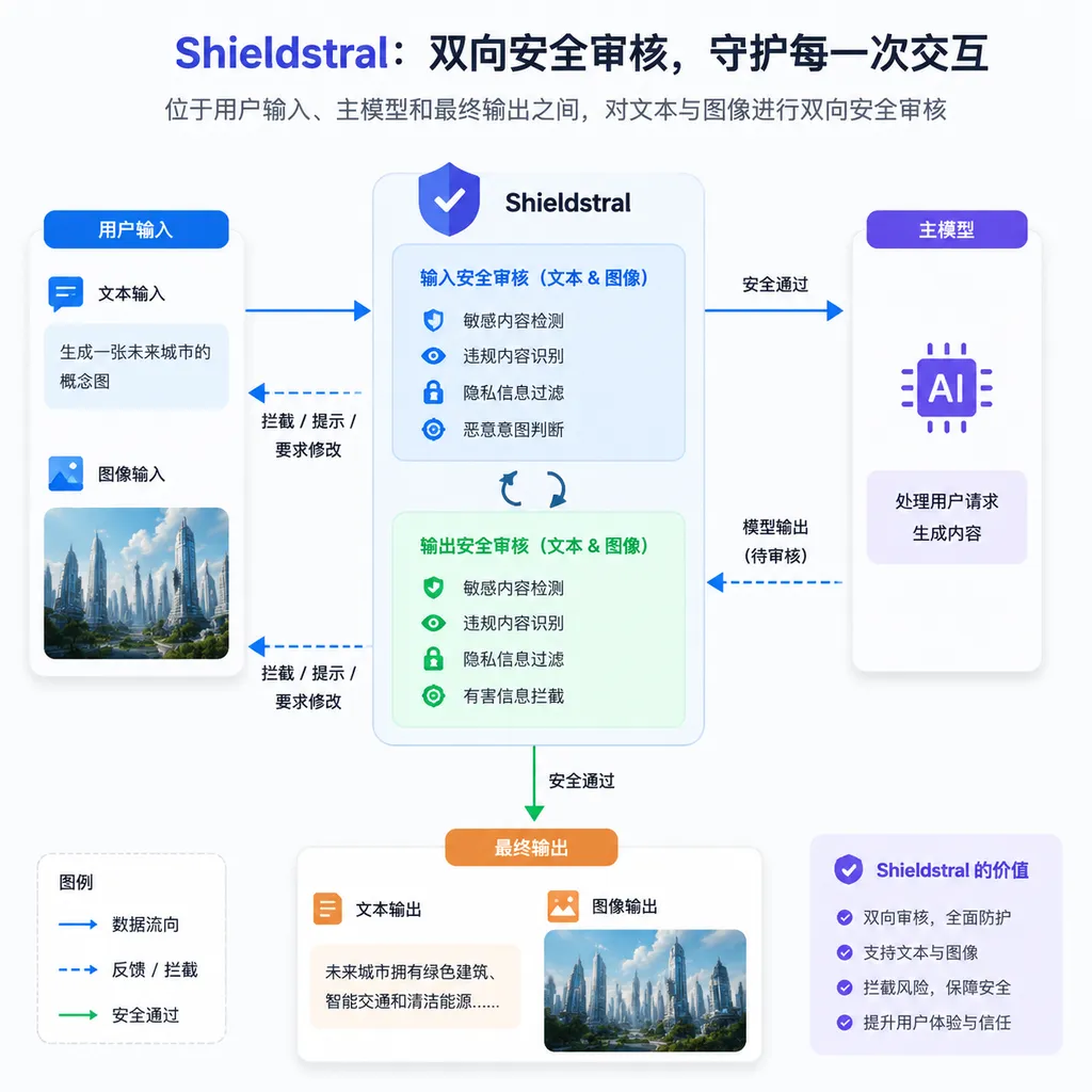 Shieldstral 位于用户输入、主模型和最终输出之间,对文本与图像进行双向安全审核的流程示意图