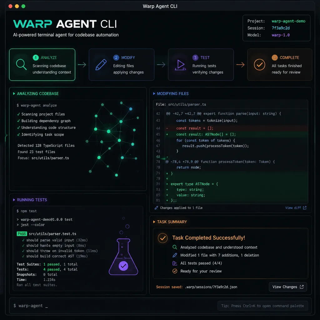 Warp Agent CLI 在终端中分析代码、修改文件并运行测试的任务流程界面