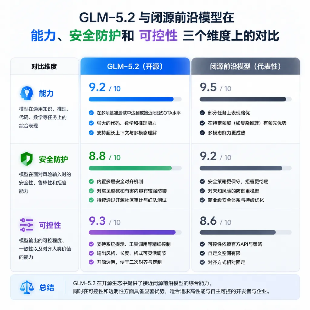 Illustration comparing GLM-5.2 with closed-source frontier models across three dimensions: capability, safety safeguards, and controllability