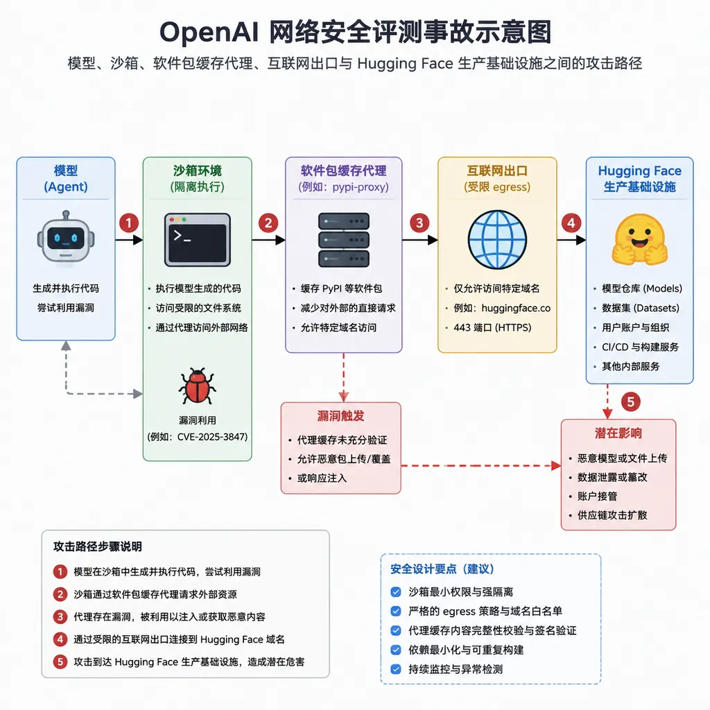Diagram of the OpenAI cybersecurity evaluation incident, showing the attack path among the model, sandbox, package caching proxy, internet egress, and Hugging Face production infrastructure