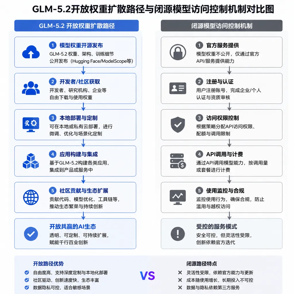 GLM-5.2开放权重扩散路径与闭源模型访问控制机制对比图