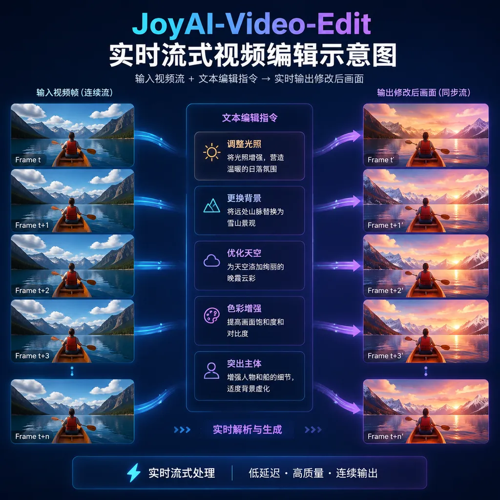 JoyAI-Video-Edit实时流式视频编辑示意图,左侧为连续输入的视频帧,中间为文本编辑指令,右侧为同步输出的修改后画面