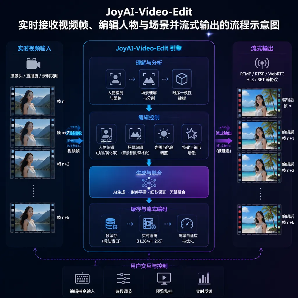 Diagram showing JoyAI-Video-Edit receiving video frames in real time, editing people and scenes, and streaming the output