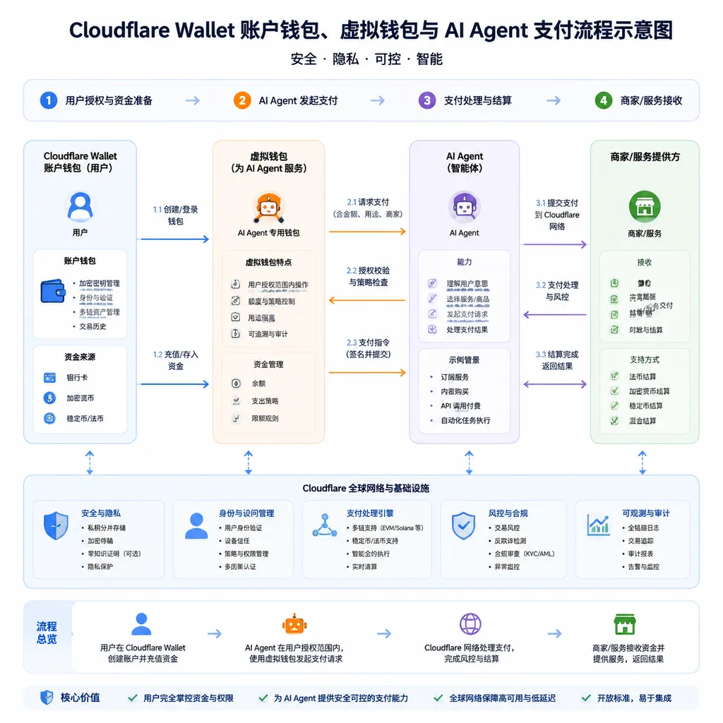 Diagram of the Cloudflare Wallet Account Wallet, Virtual Wallet, and AI agent payment flow