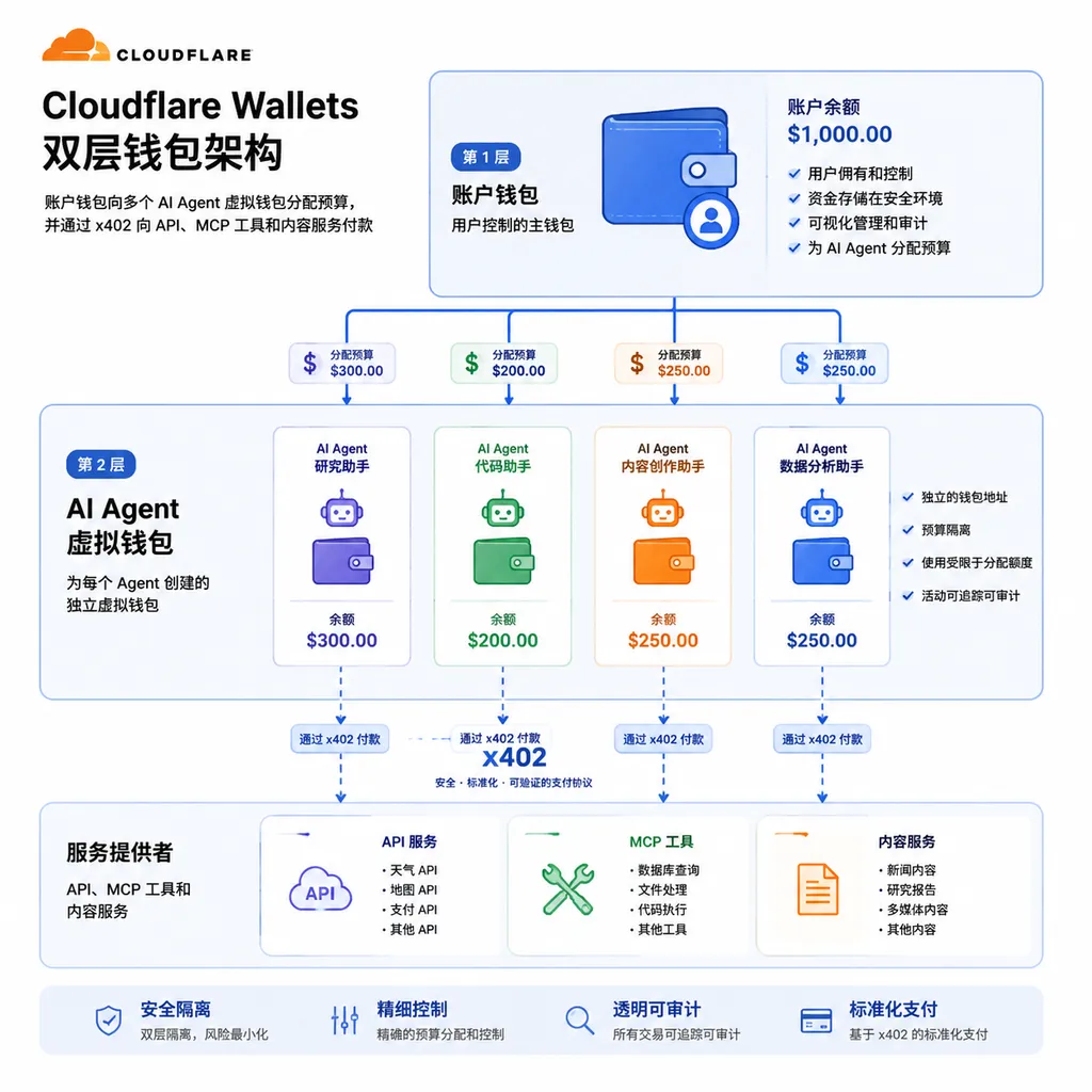Cloudflare Wallets双层钱包架构示意图,账户钱包向多个AI Agent虚拟钱包分配预算,并通过x402向API、MCP工具和内容服务付款