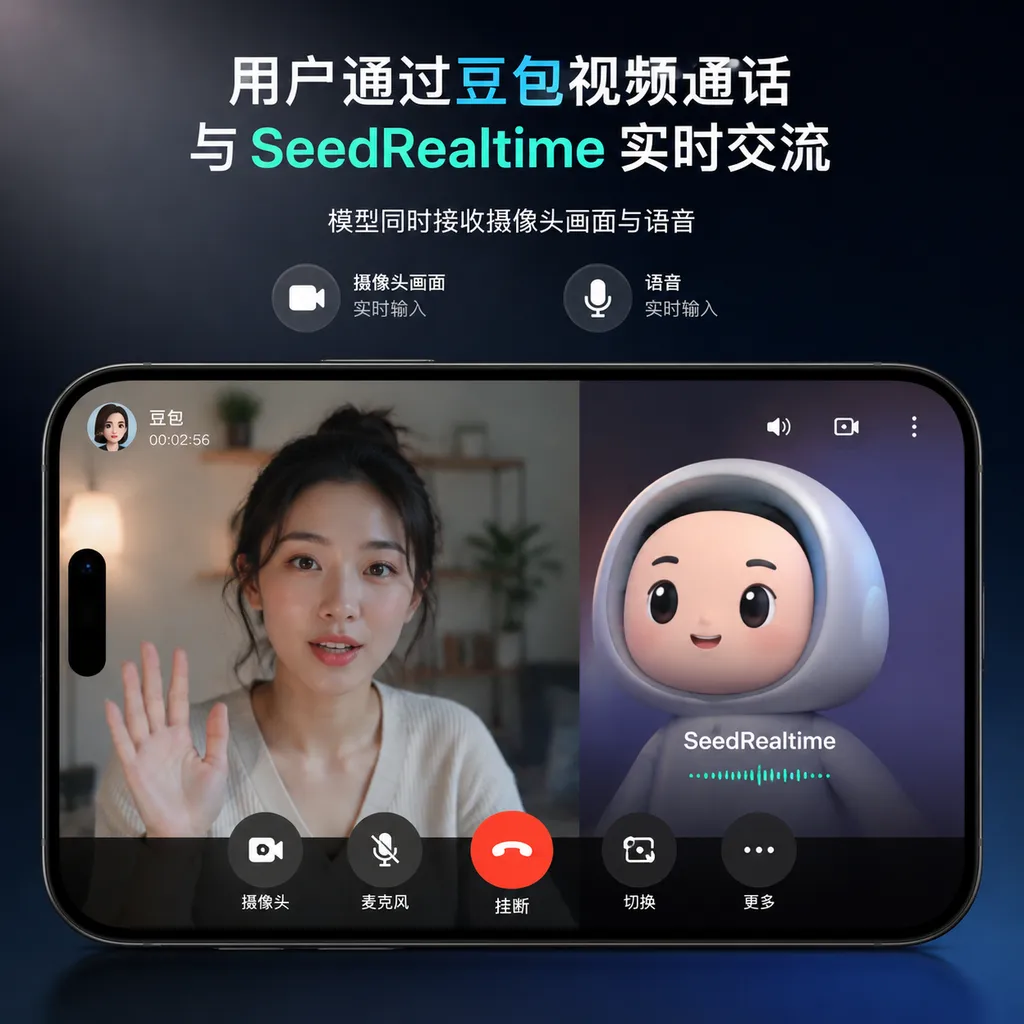 A user communicates with SeedRealtime in real time through a Doubao video call, while the model simultaneously receives camera footage and speech
